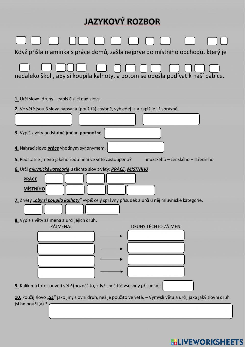 Jazykový rozbor - práce s větou