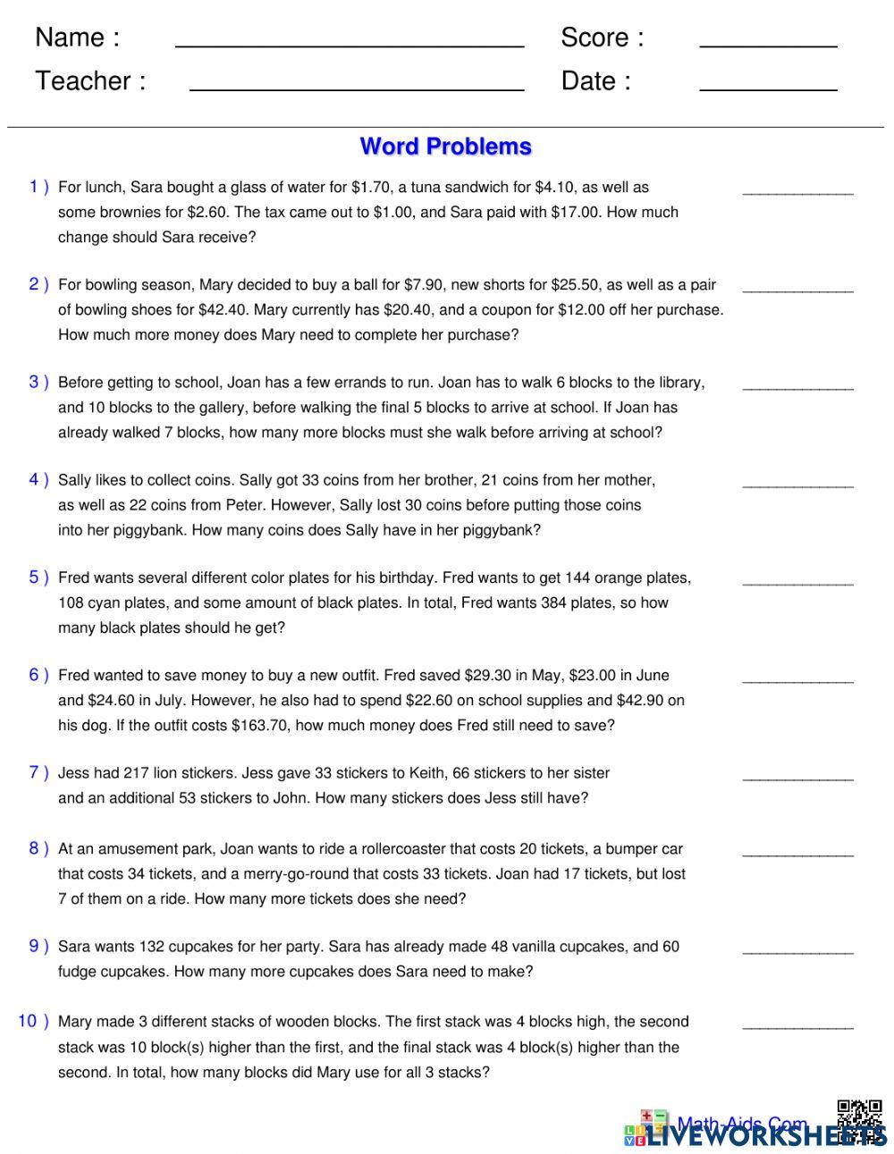 Add Subtract 1 Step Word Problems worksheet | Live Worksheets
