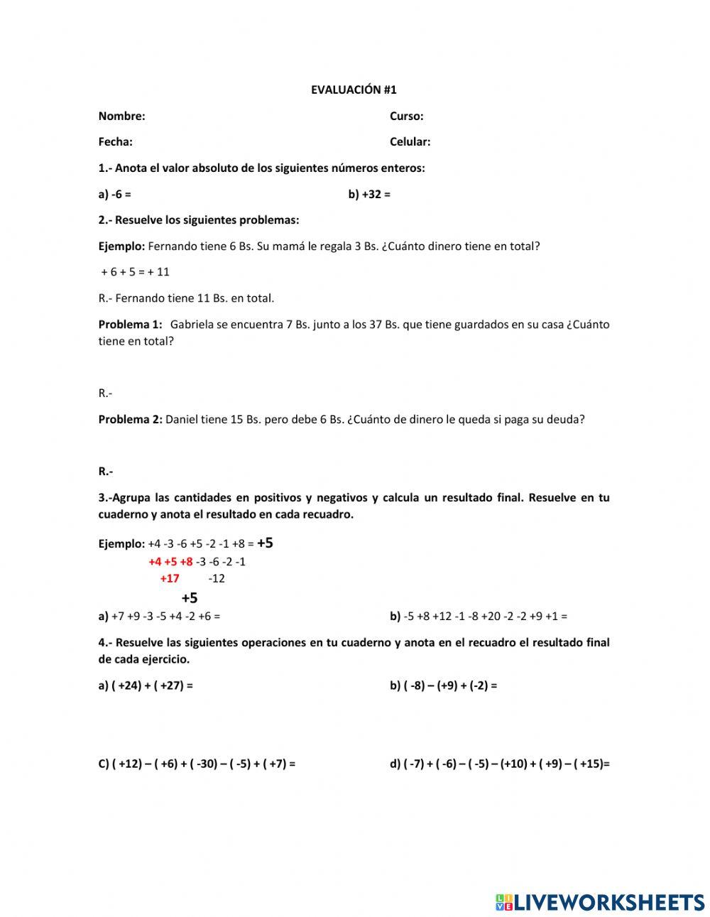 Evaluación suma de números enteros