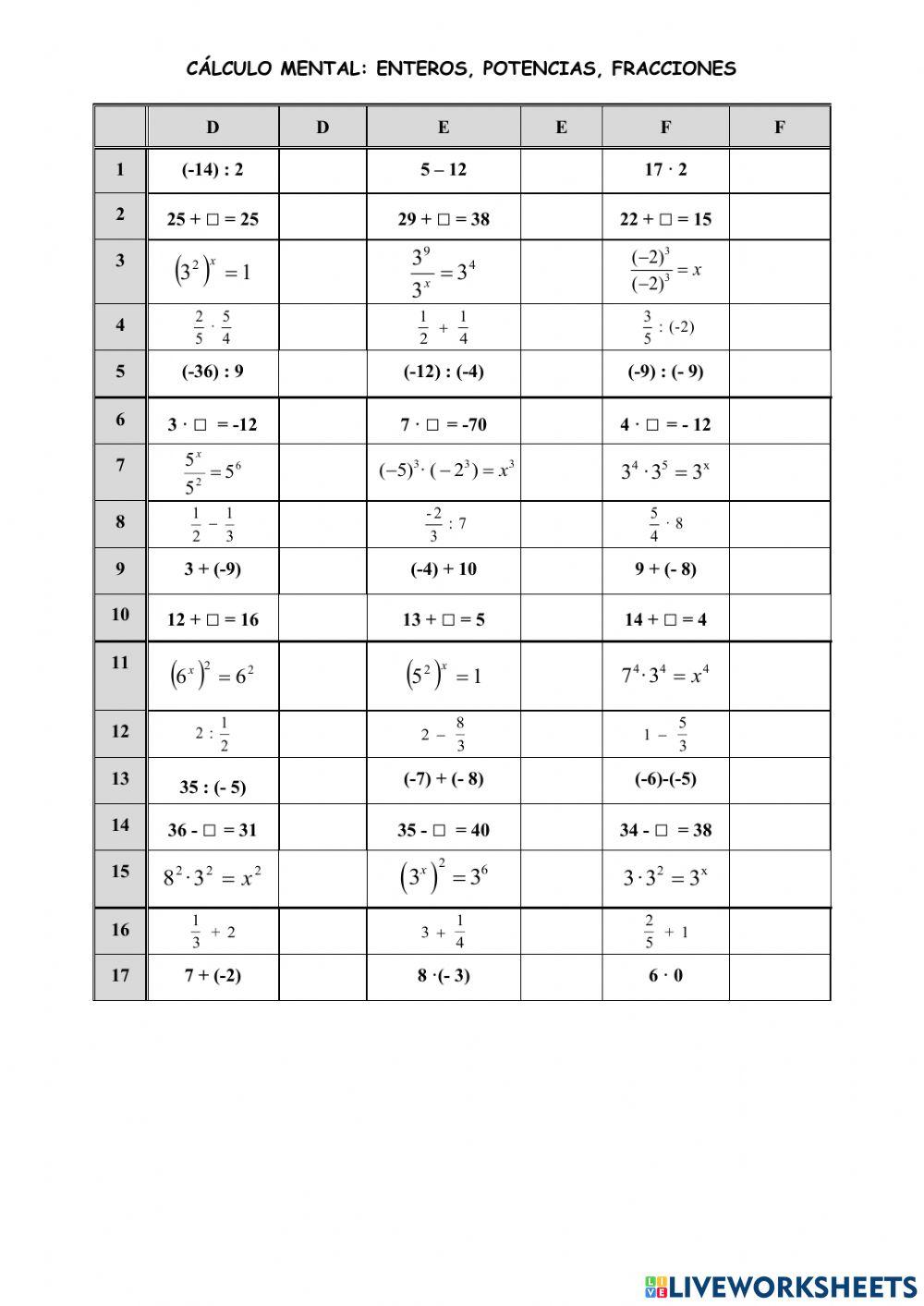 Cálculo mental variado II