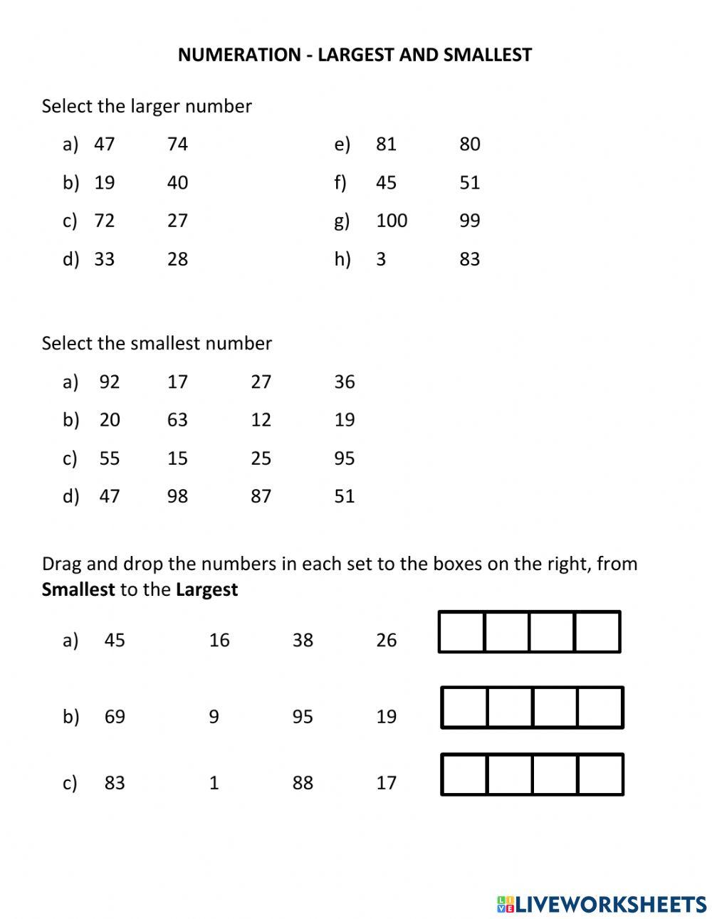 Numeration - Largest and Smallest worksheet | Live Worksheets