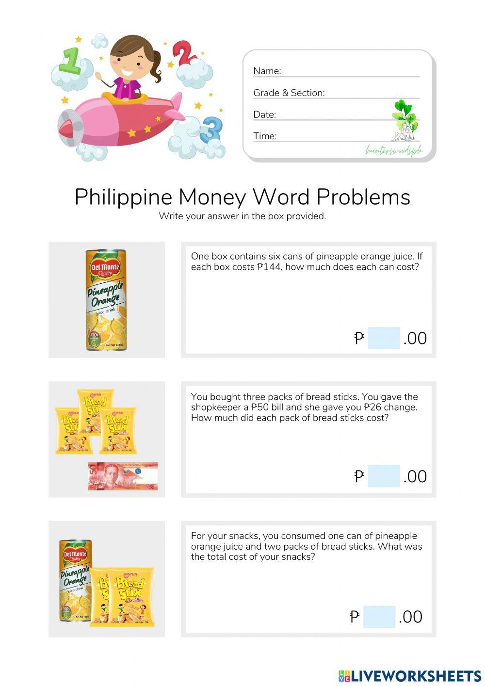 Philippine Money Word Problems (HuntersWoodsPH Math)
