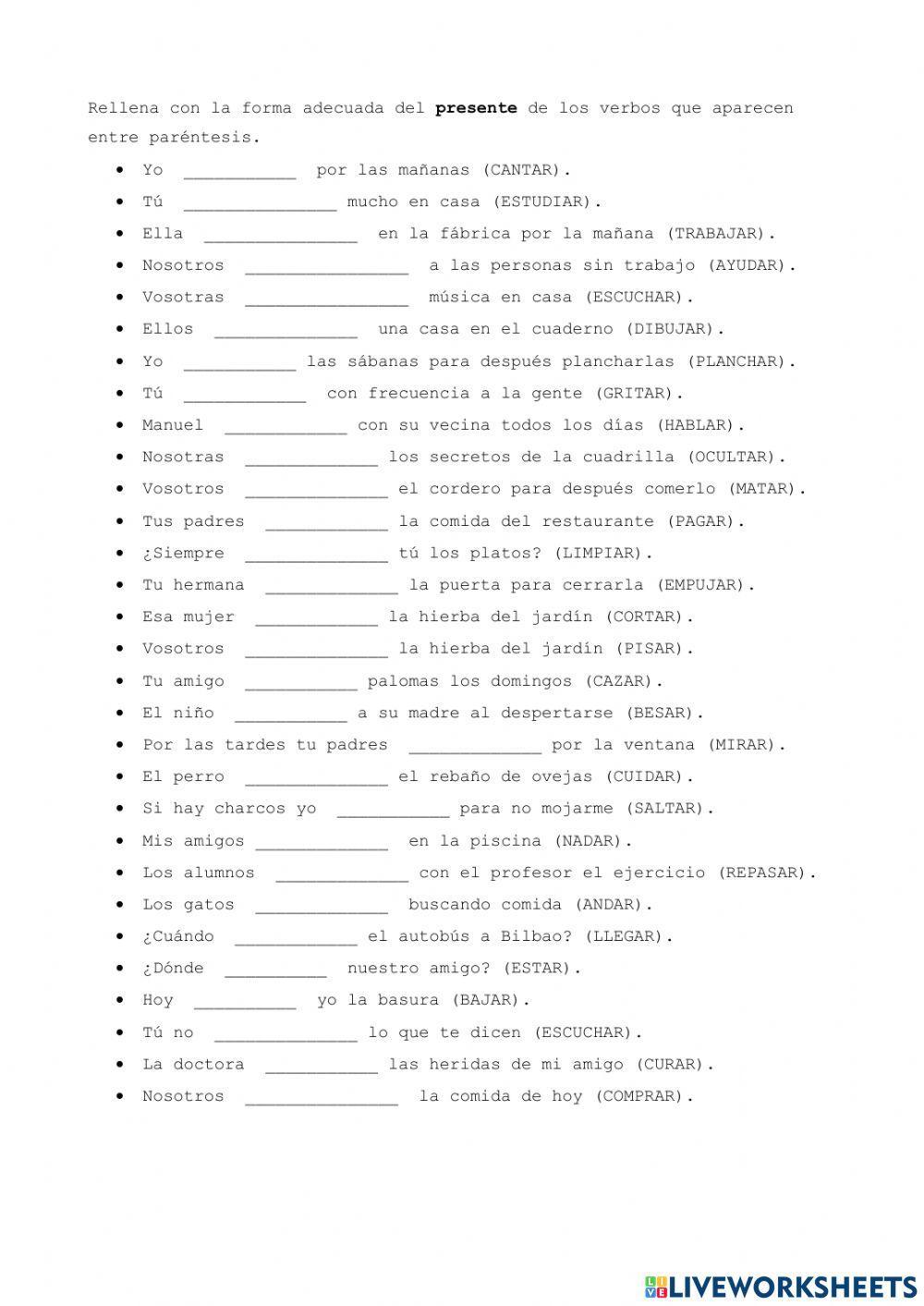 Verbos presente 1ª conjugación worksheet Live Worksheets