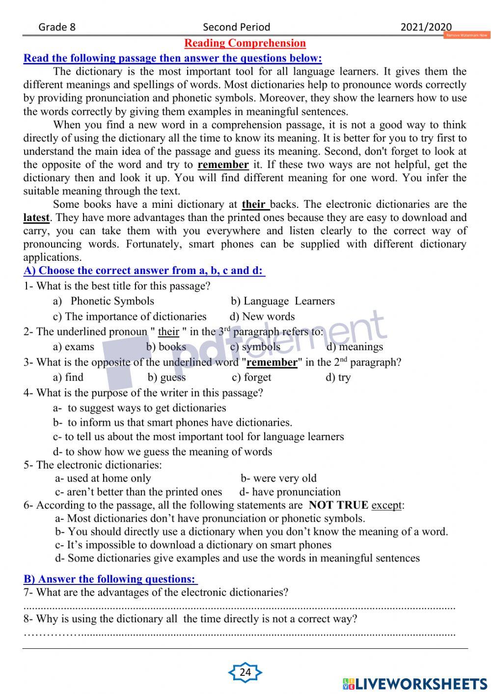 Grade 8 second term interactive sheet 2 online exercise for live