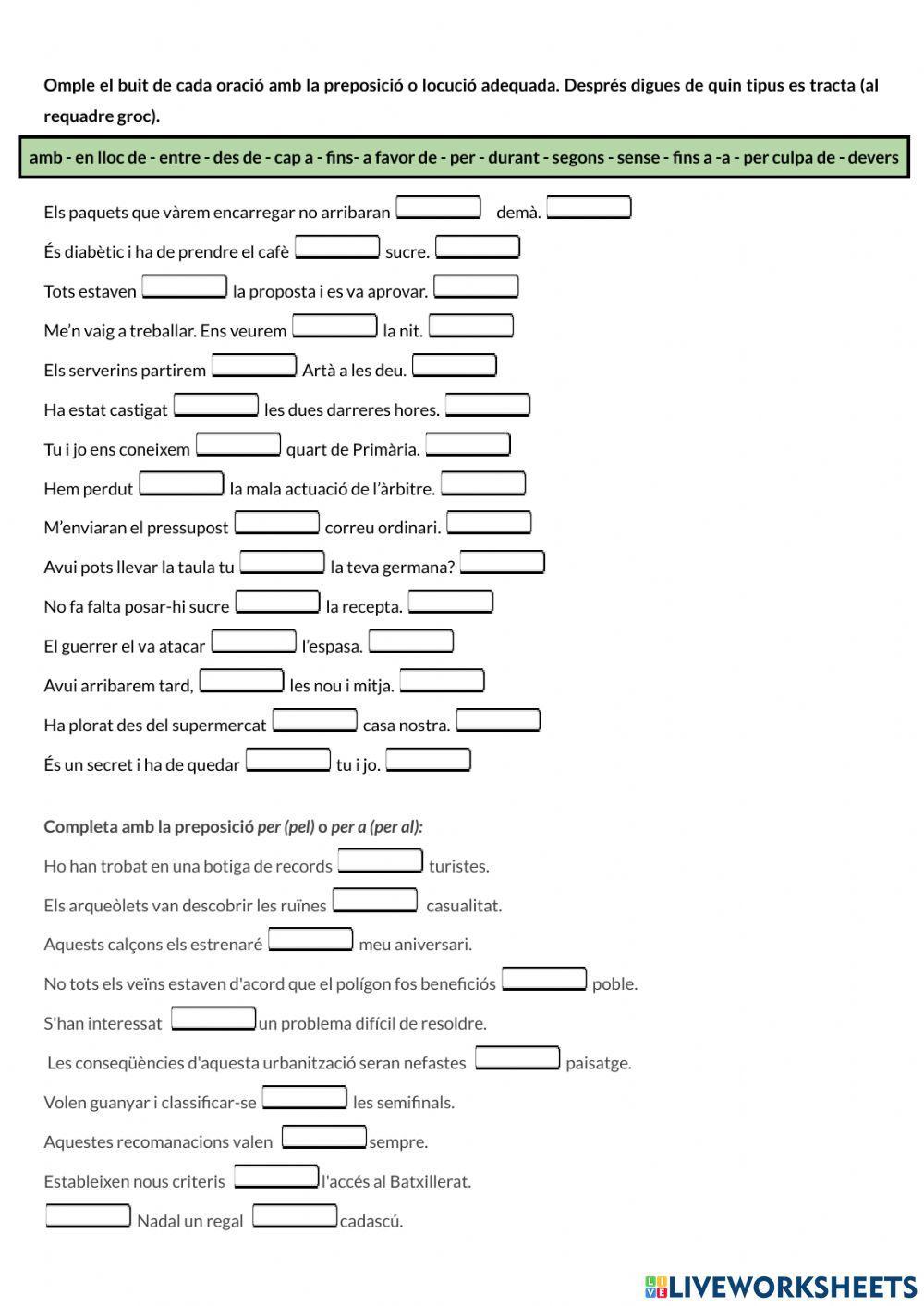 Preposicions emplenar buits