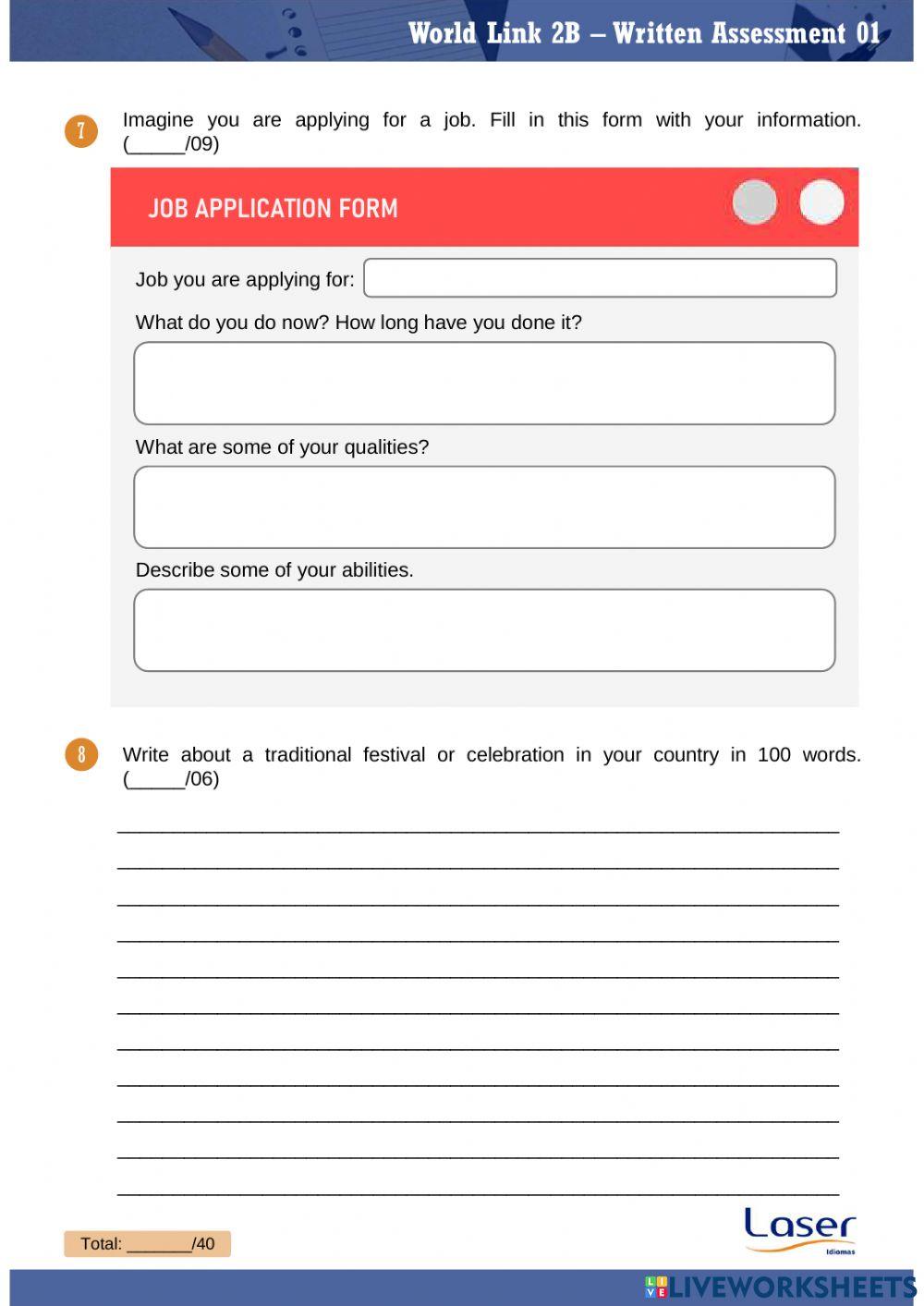 World Link 2 - Part B - Evaluation Exercises for Units 7 to 9