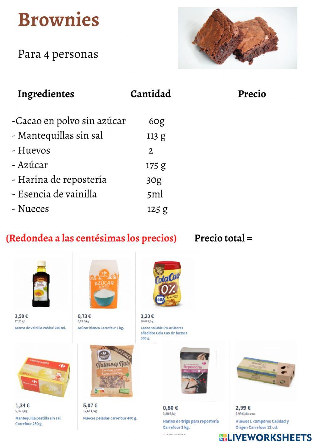 Receta de brownie cálculo de ingredientes