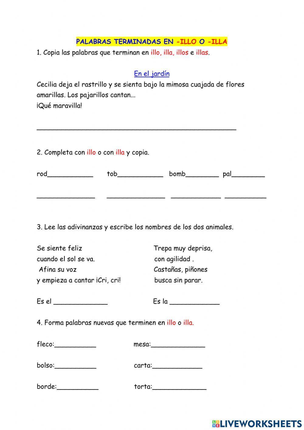 Palabras terminadas en illo illa