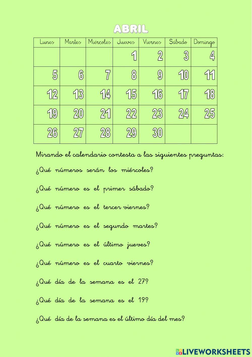 Calendario con preguntas