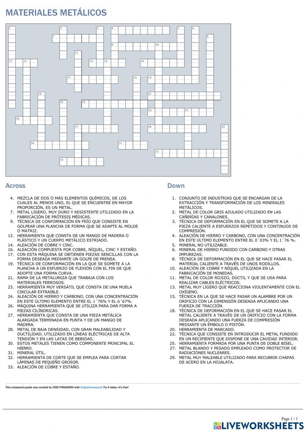 CRUCIGRAMA SOBRE METALES
