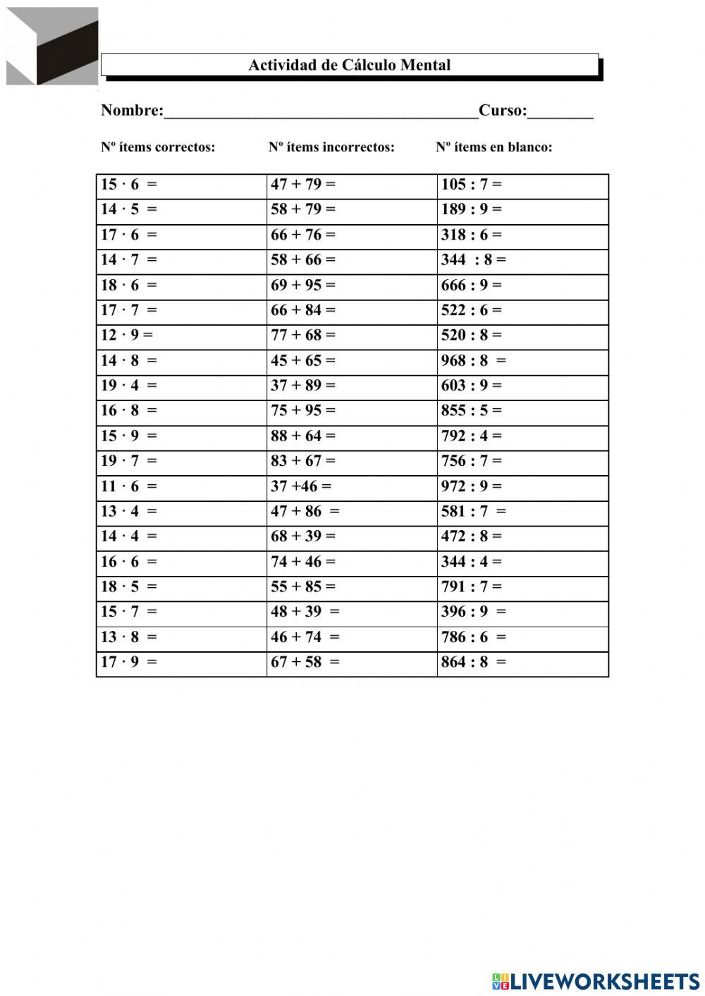 Sumas de números de dos cifras, producto por una cifra y división por una cifra