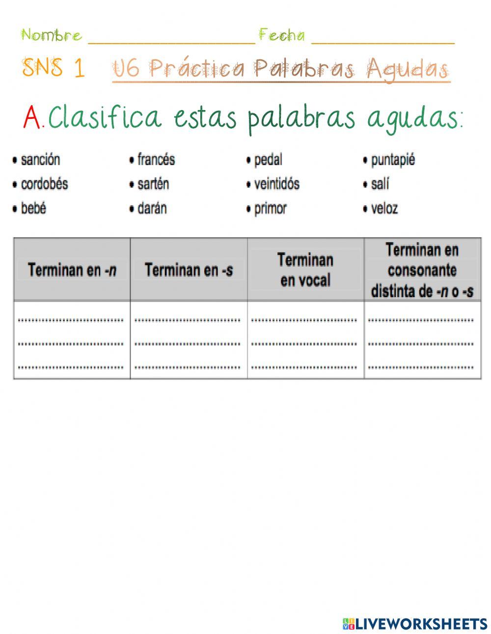 Clasificación  Palabras Agudas