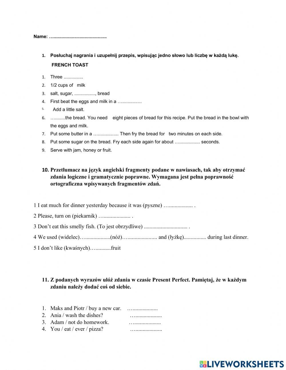 Unit 6 Test English Class (Cooking and Eating)