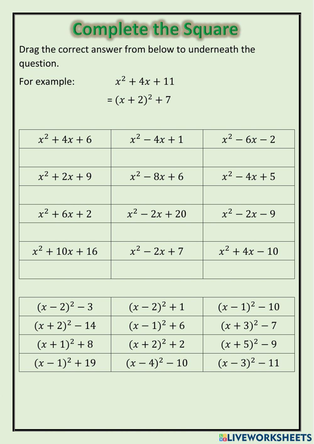 Completing The Square Worksheet