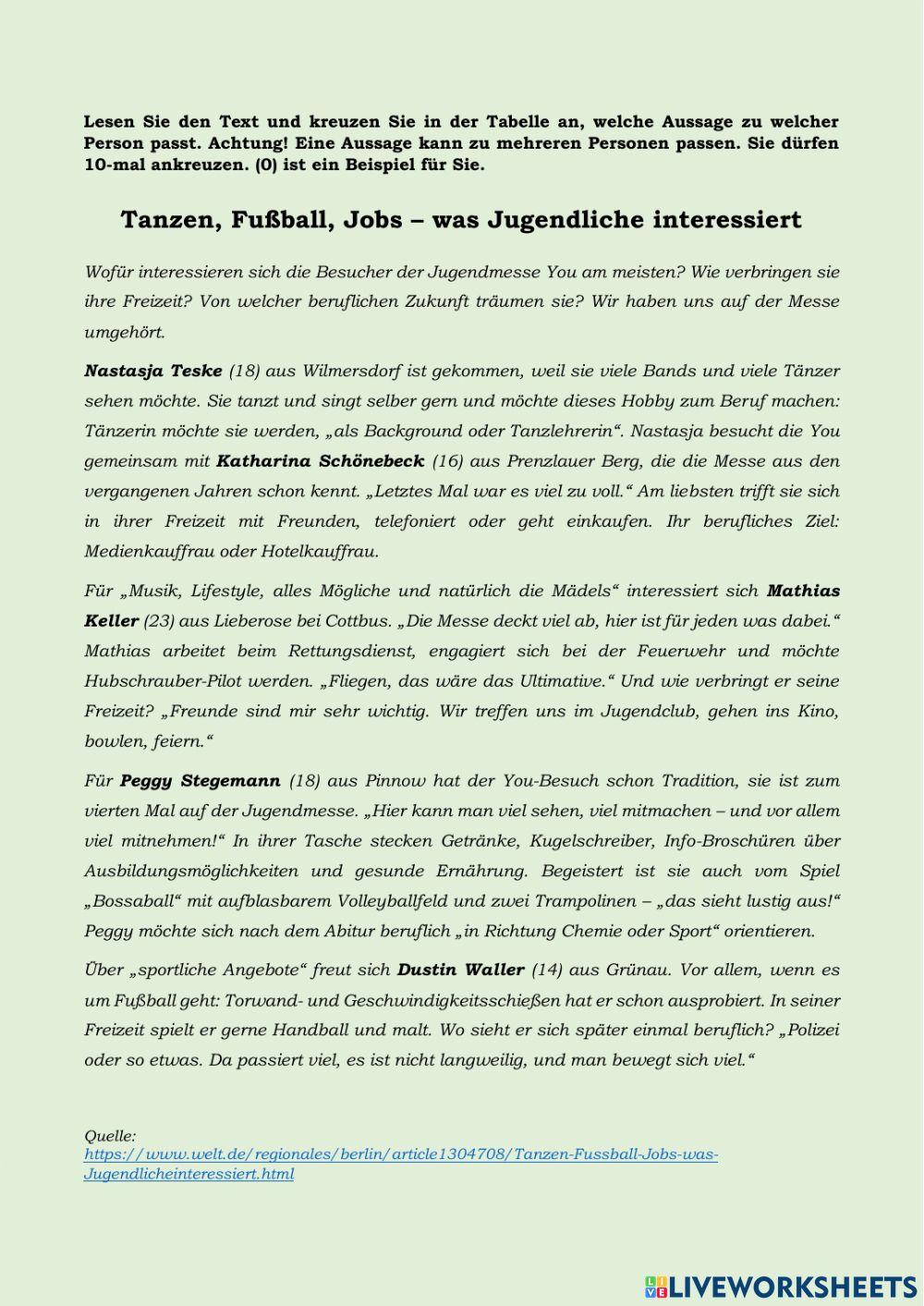 Tanzen, Fußball, Jobs – was Jugendliche interessiert