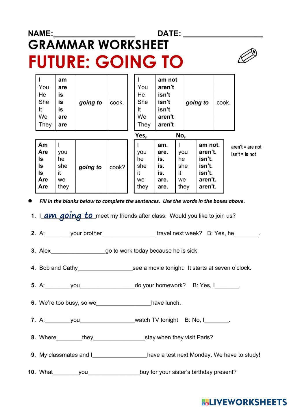 Grammar worksheet going to online exercise for live worksheets