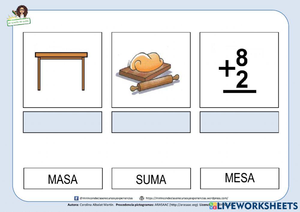 Letra s: mesa, masa, suma