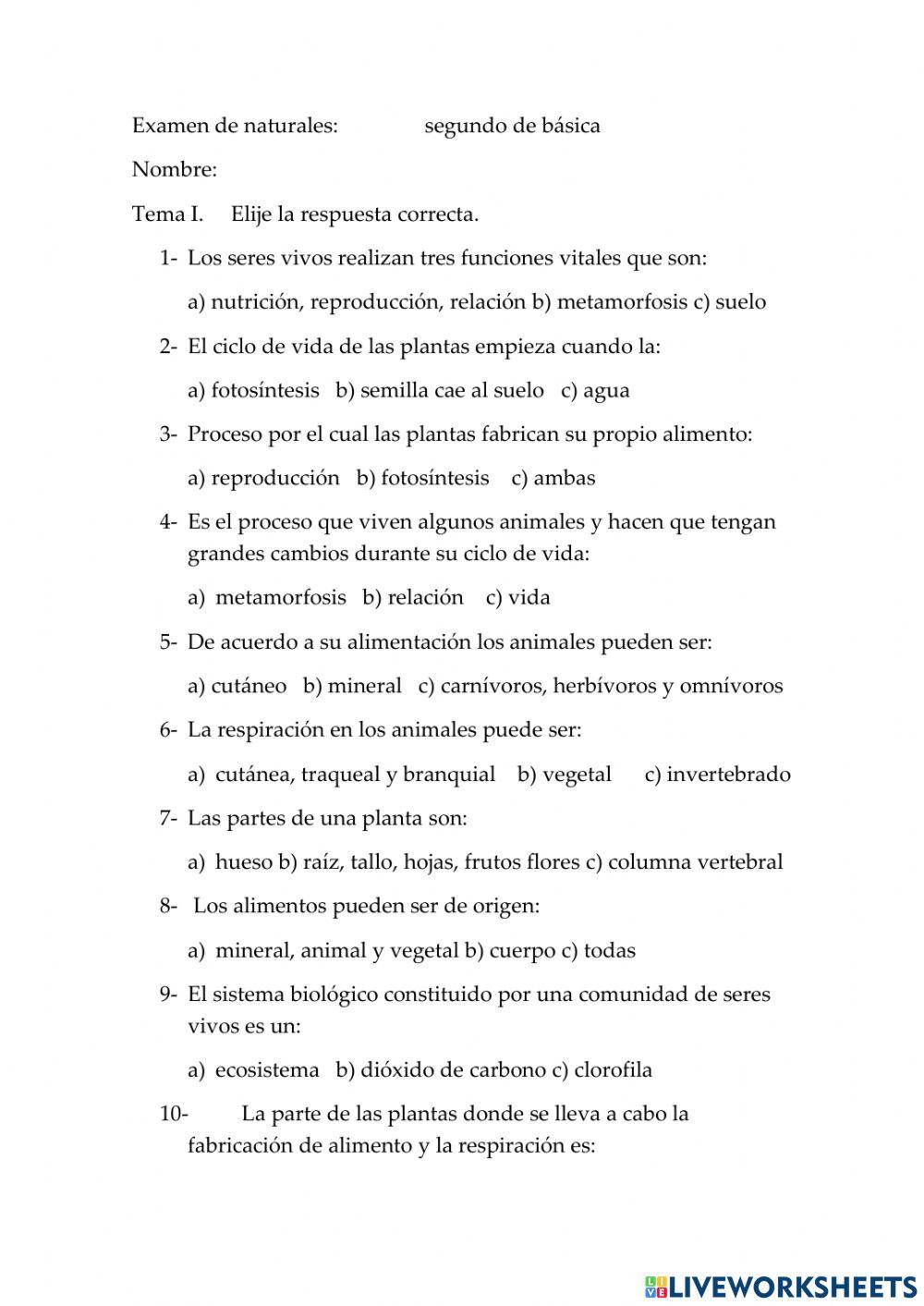 Examen de 2do grado Naturales