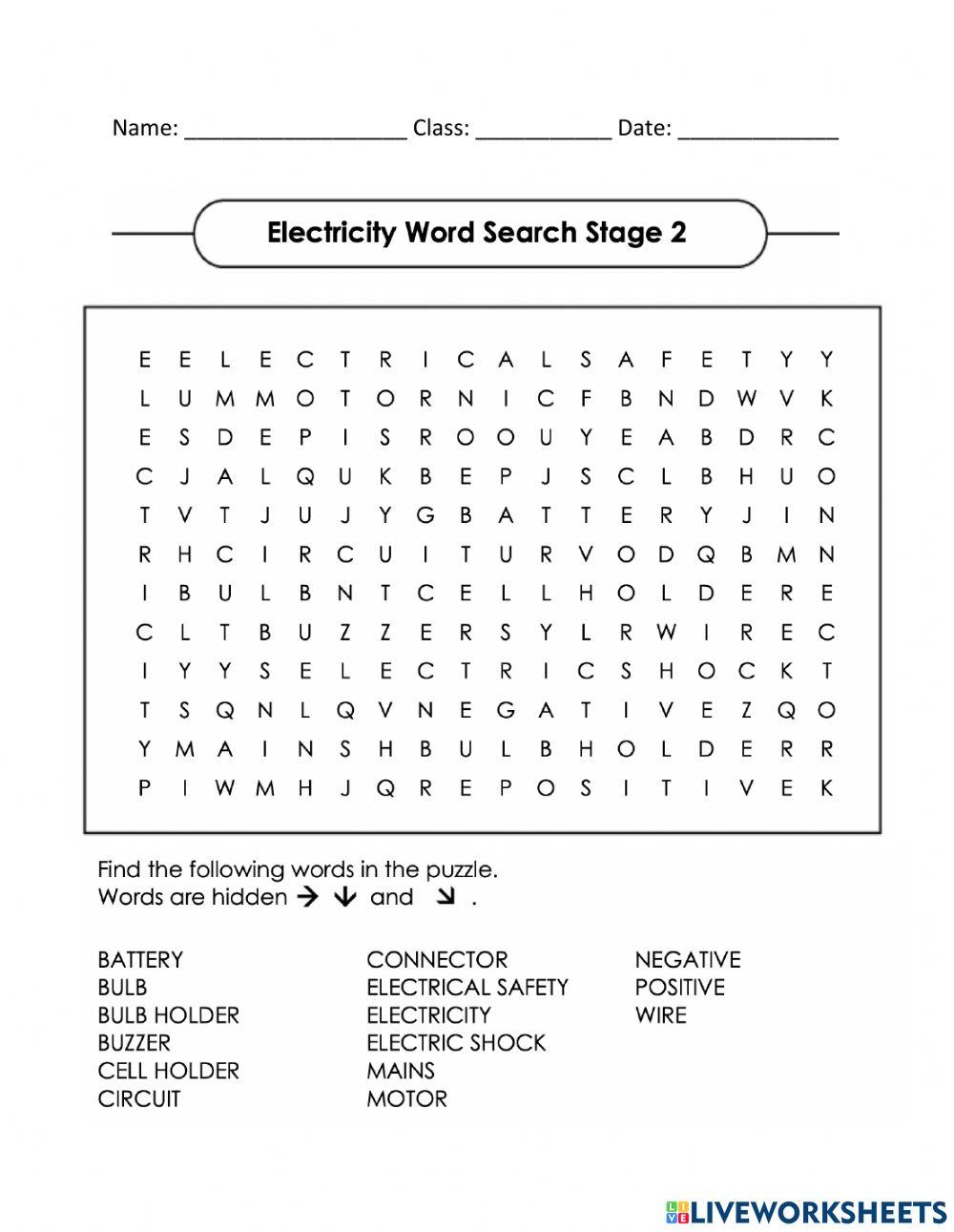 Electricity Word Search