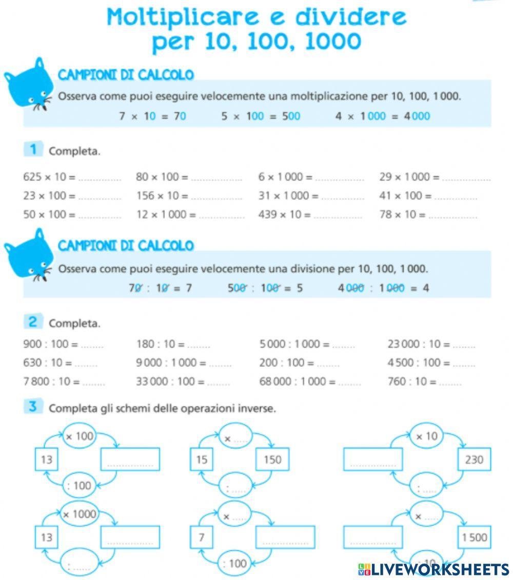 Moltiplicare-Dividere per 10, 100, 1000 Moltiplicare-Dividere per 10, 100, 1000