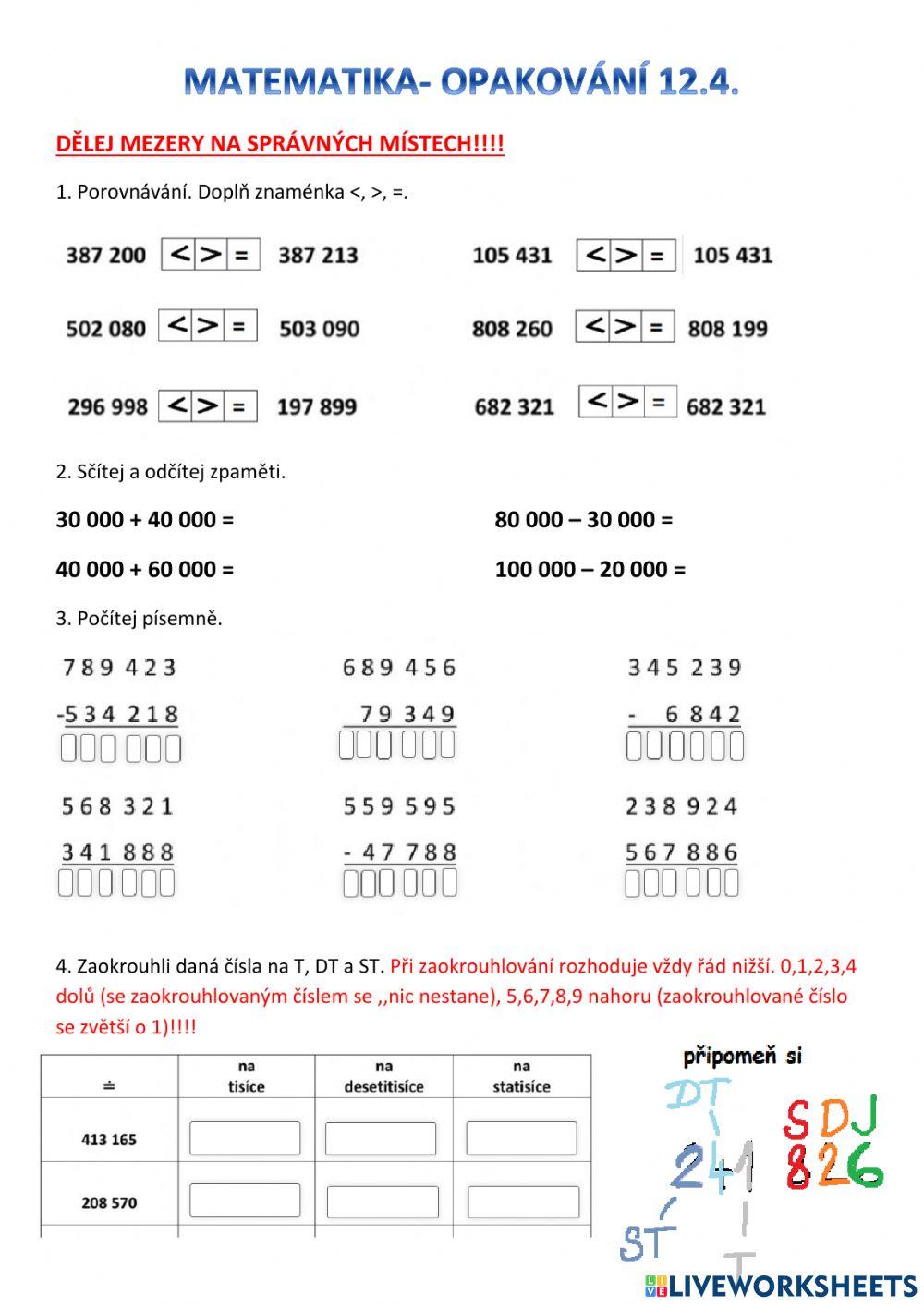 Matematika- opakování pro čtvrťáky