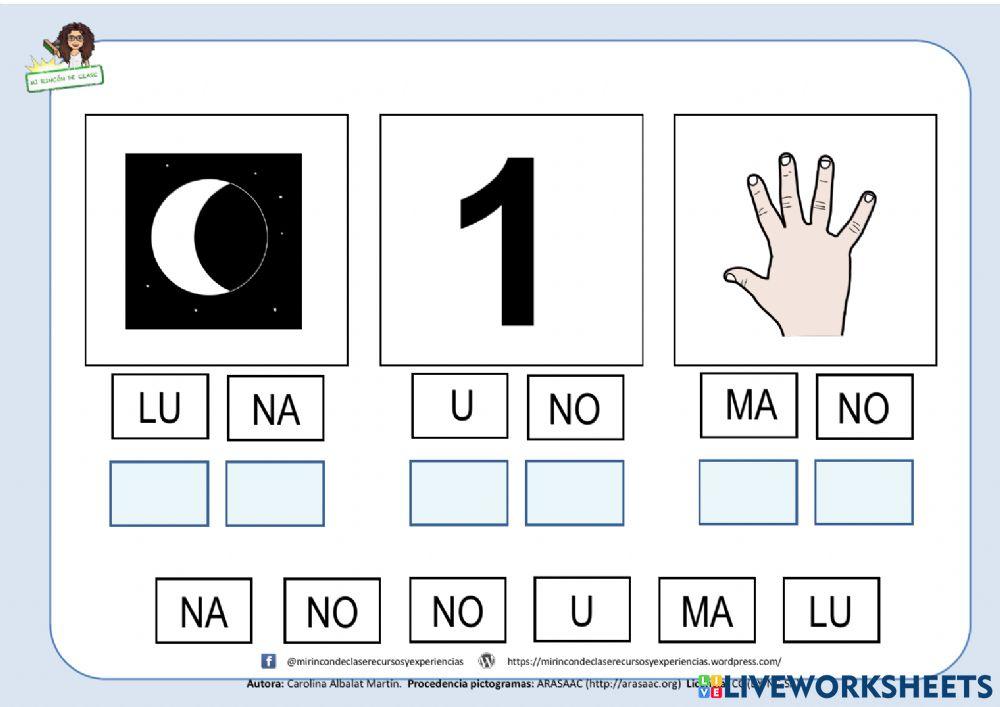 Letra n: luna, uno, mano
