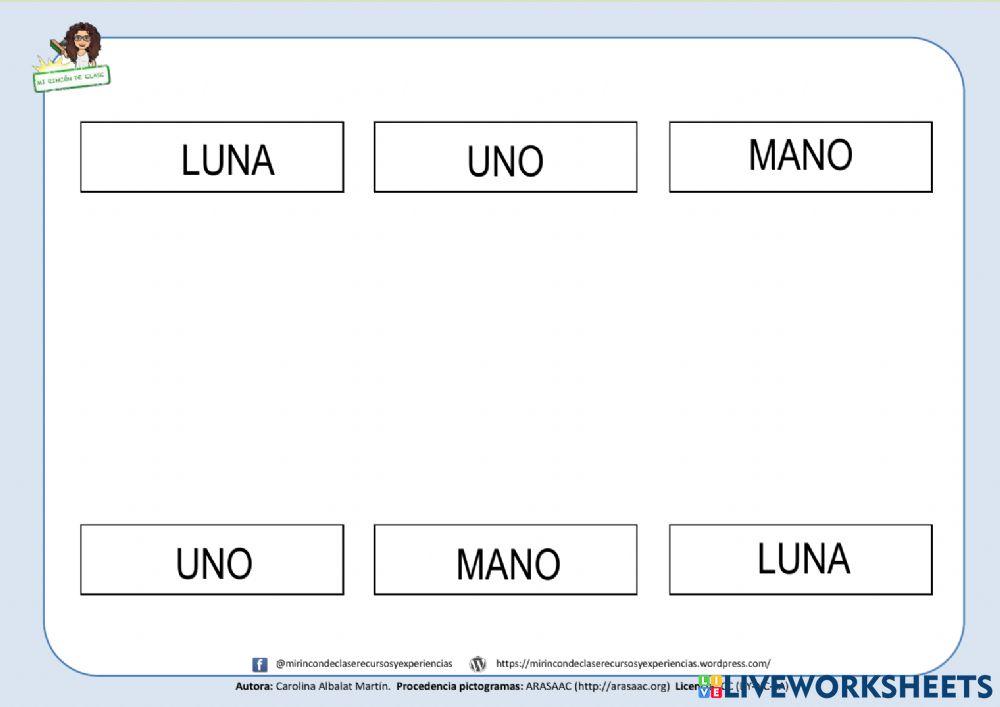 Letra n: luna, uno, mano