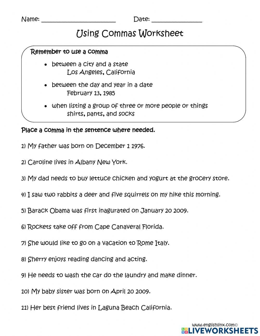 Using Commas Worksheet 1 online exercise for | Live Worksheets