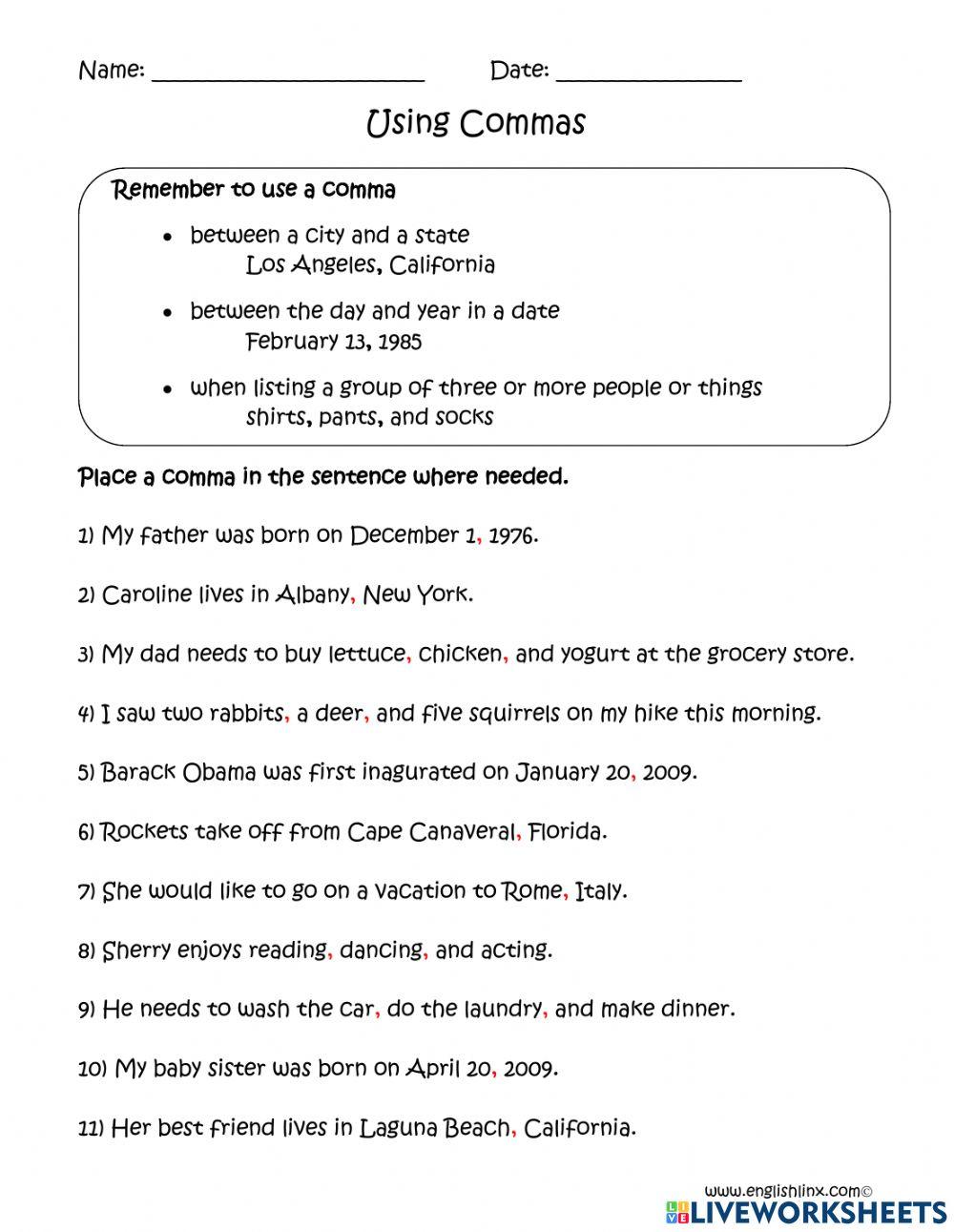 Using Commas Worksheet 1 online exercise for | Live Worksheets