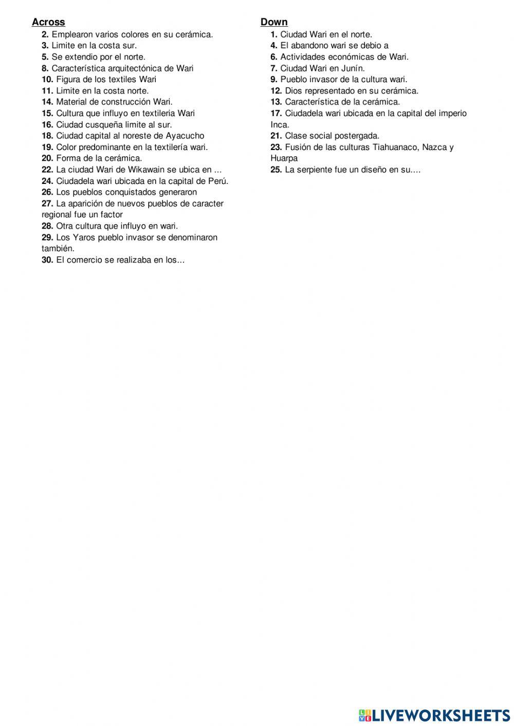 Crucigrama cultura wari
