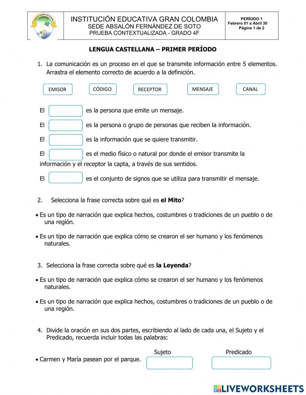 PRUEBA 1P LENGUA CASTELLANA GRADO 4F