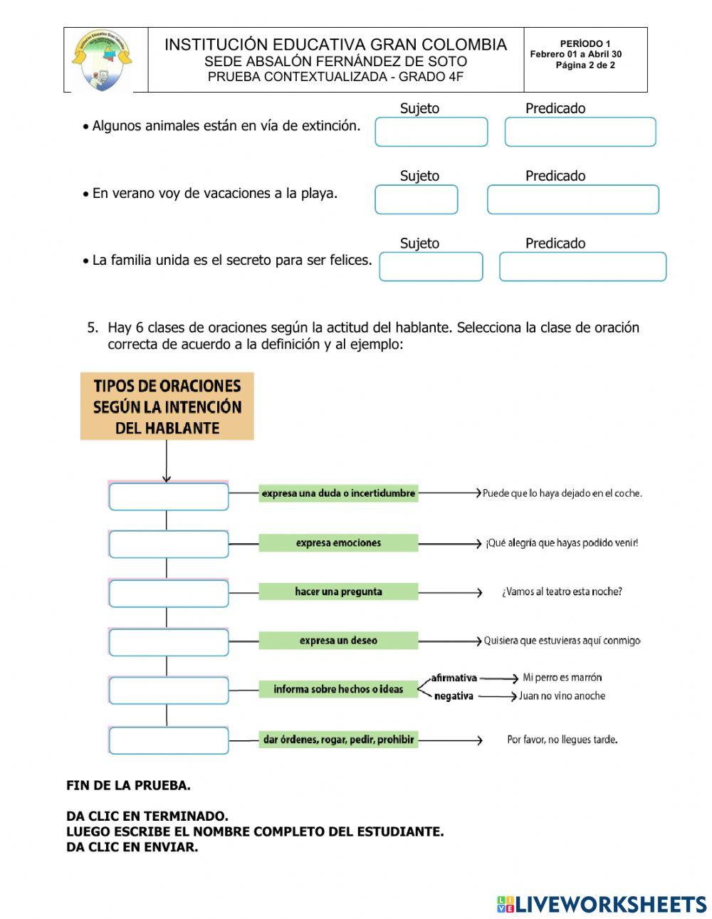 PRUEBA 1P LENGUA CASTELLANA GRADO 4F