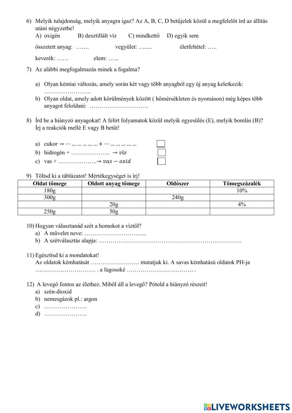 Kémiai alapismeretek témazáró