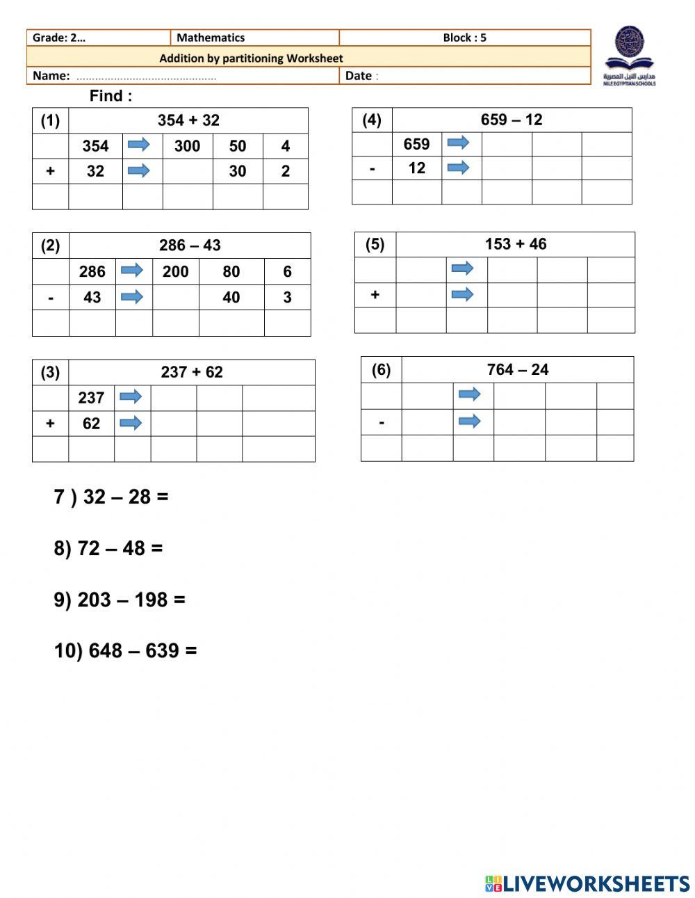 Addition and subtraction by partitioning