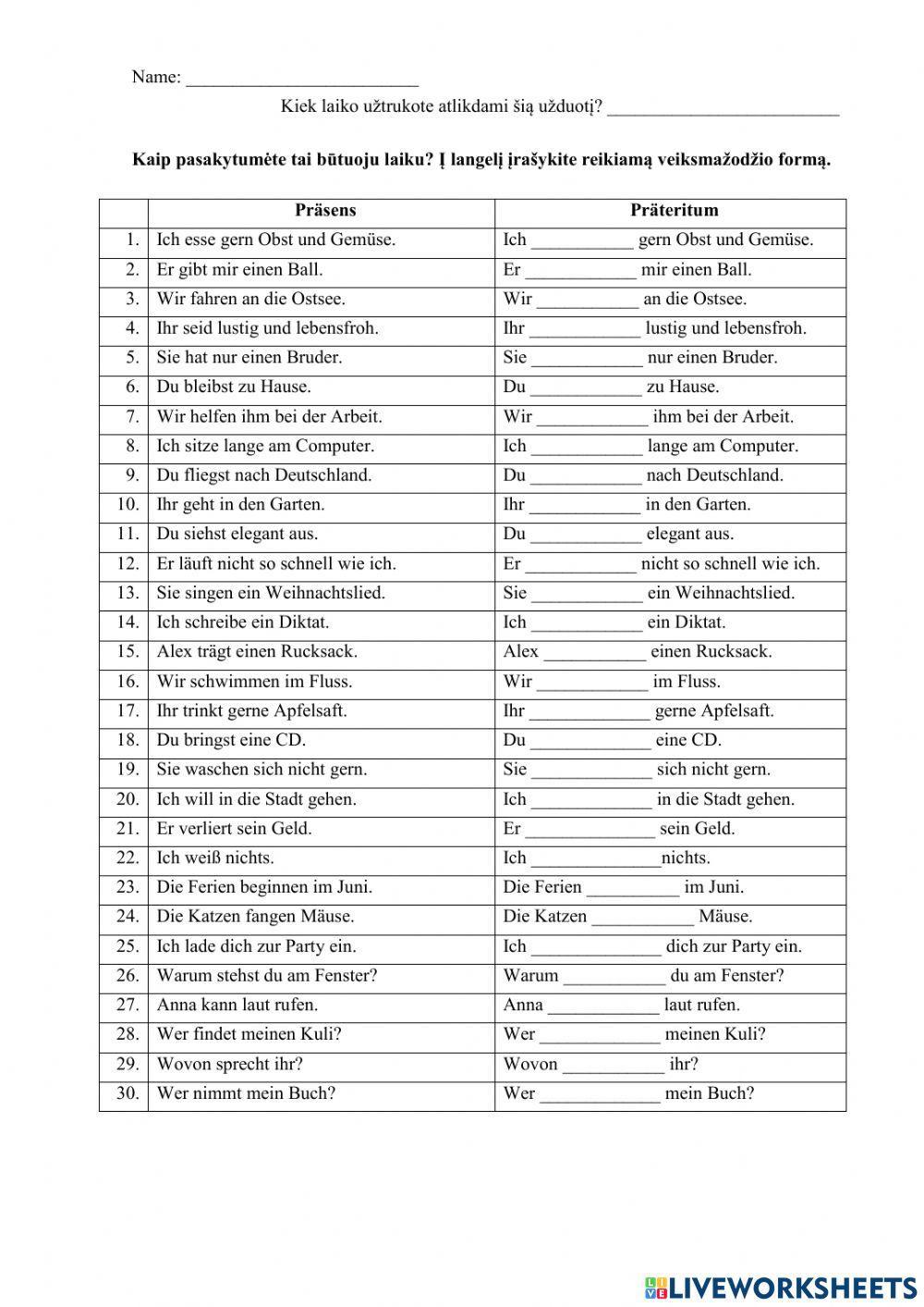 Präteritum der Verben