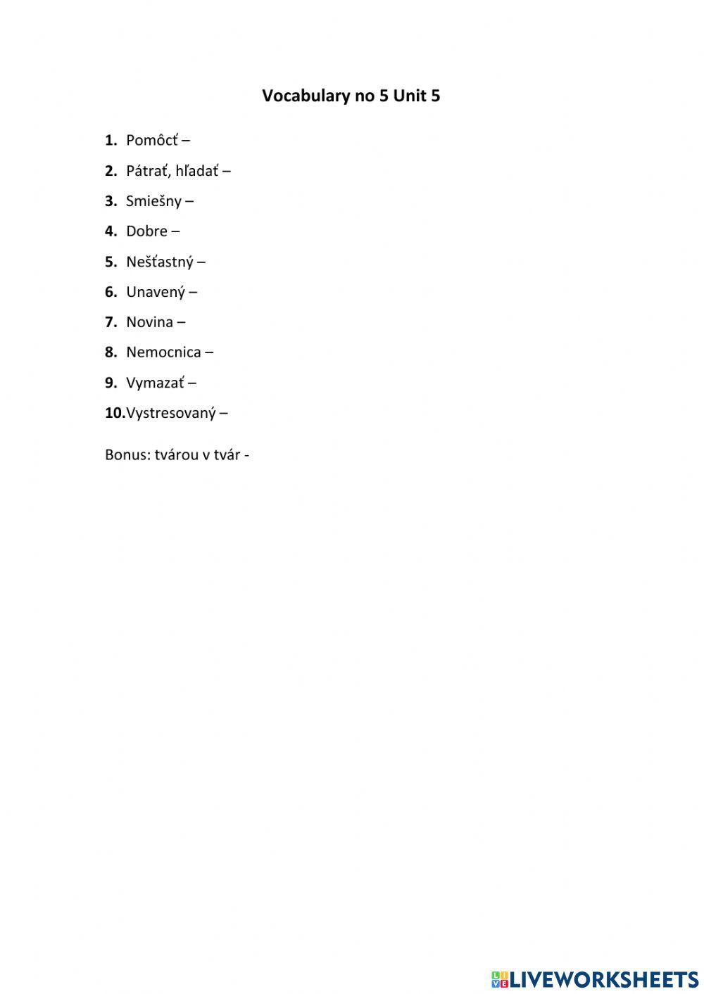 Piataci Vocab no 5 Unit 5