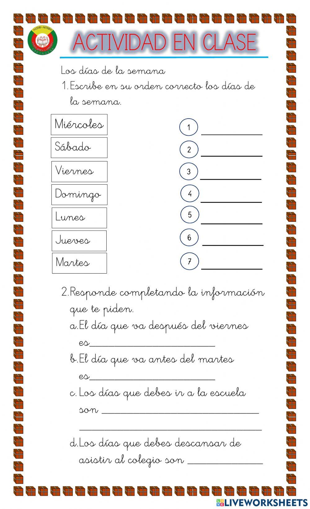Los dias de la semana interactive worksheet for PRIMERO Live Worksheets