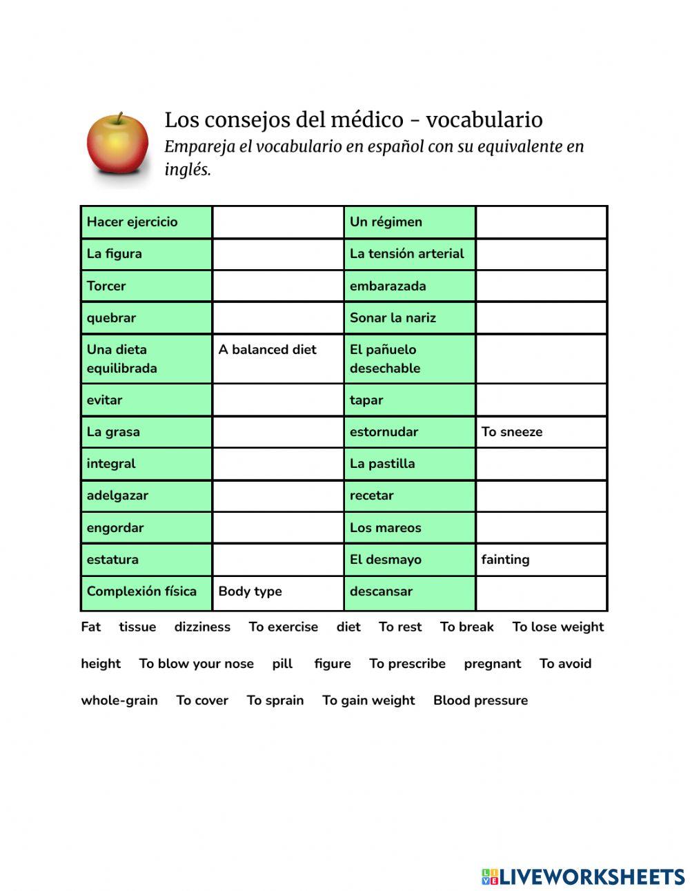 Vocabulario los consejos del médico