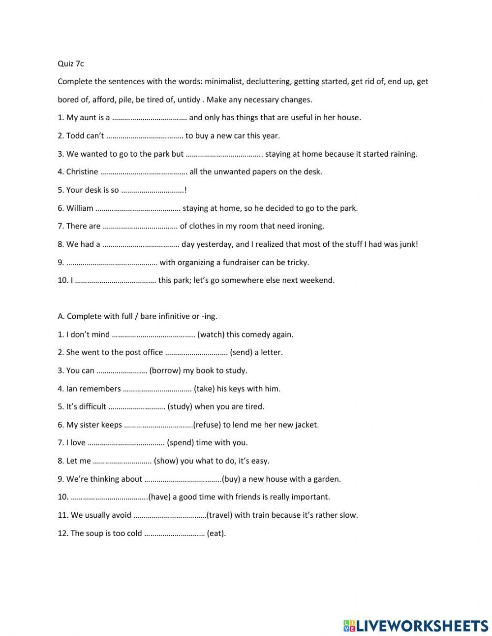 Quiz 7c worksheet | Live Worksheets