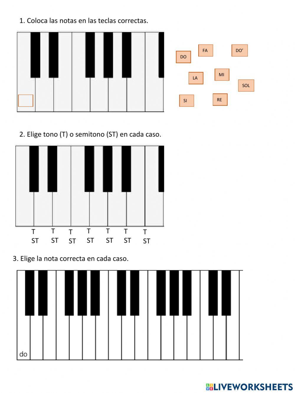Notas en un teclado- Tonos y semitonos