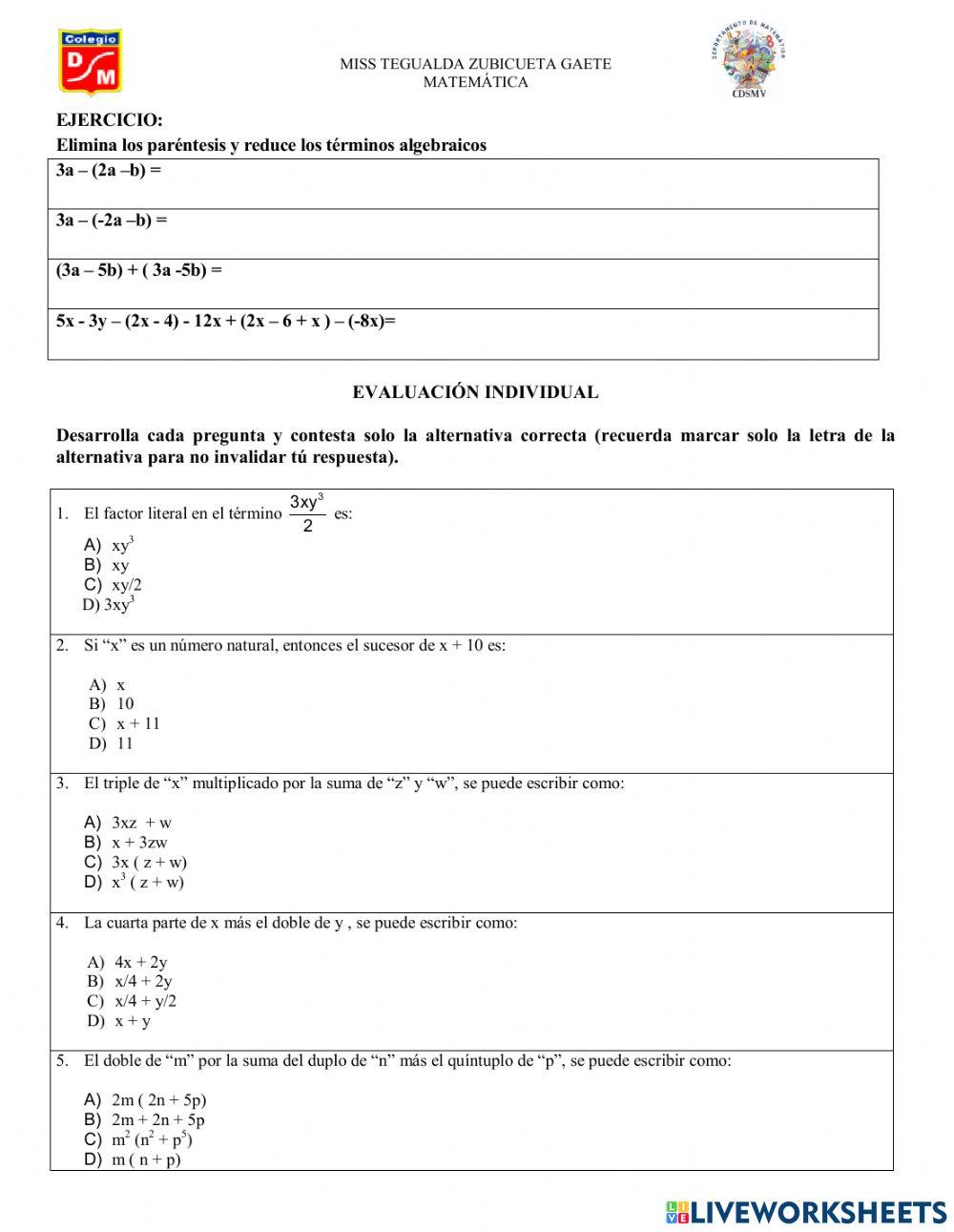 Lenguaje algebraico y términos semejantes