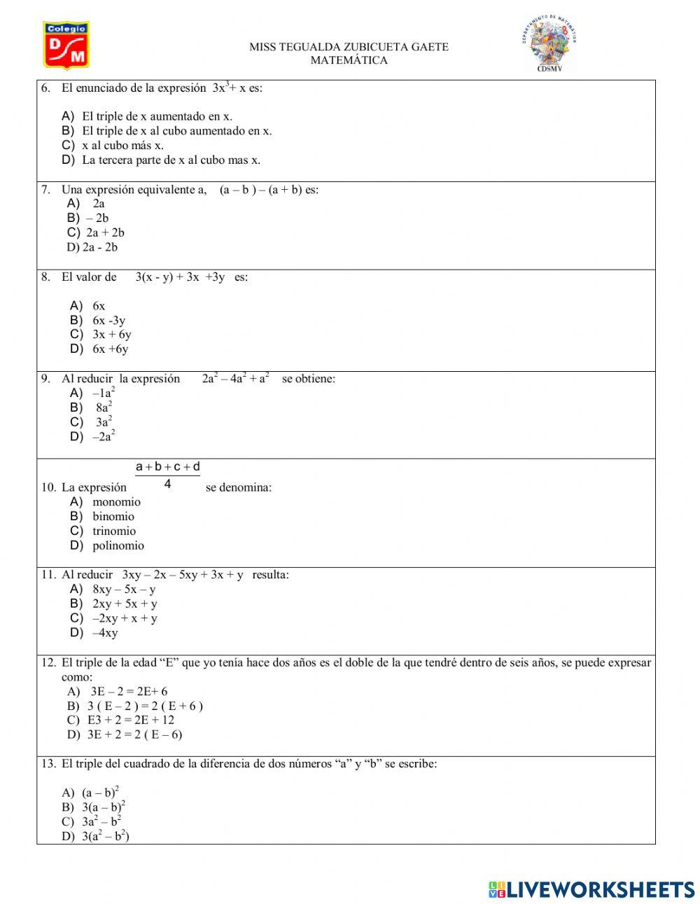 Lenguaje algebraico y términos semejantes