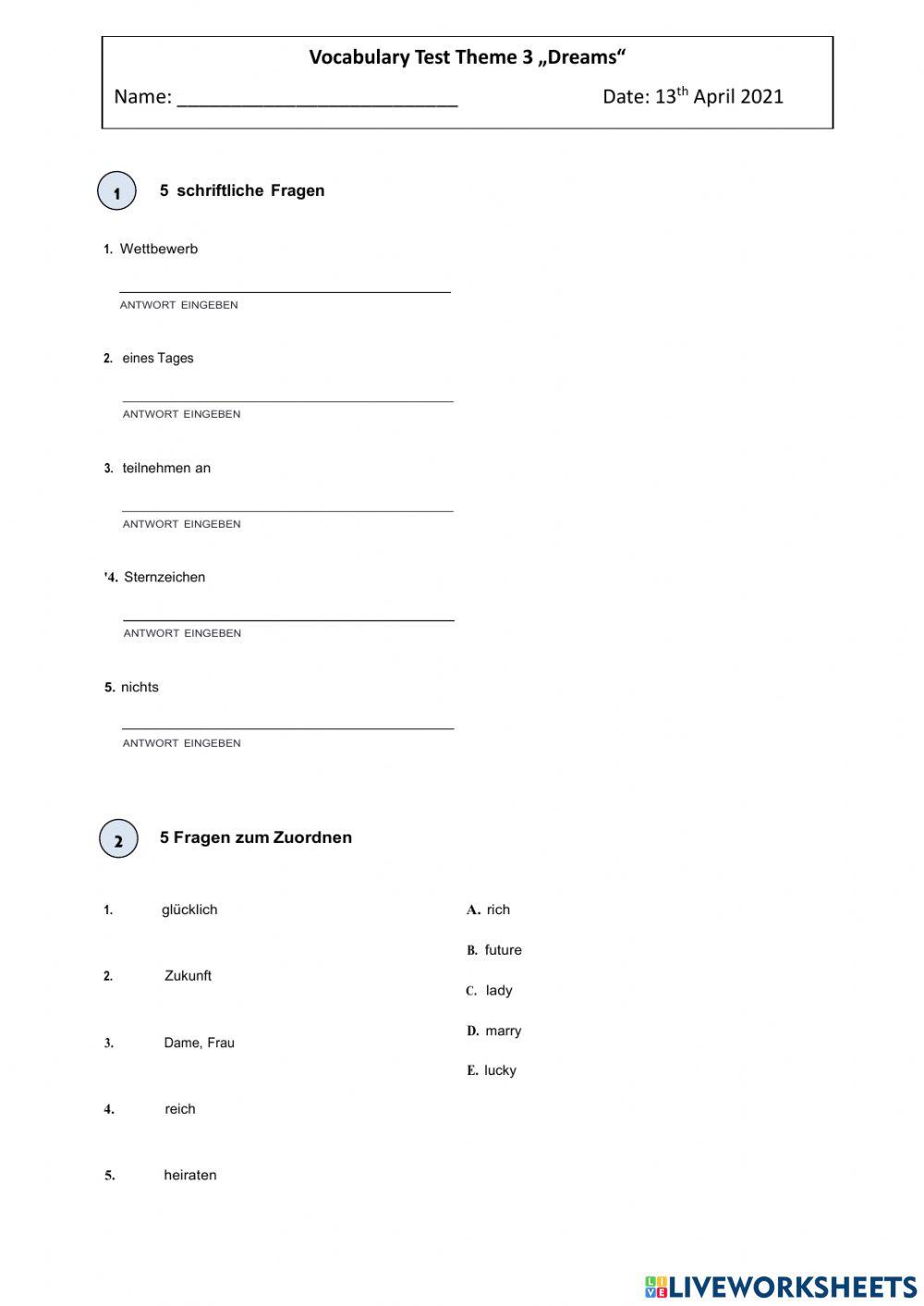 Vocab test 6 worksheet Live Worksheets