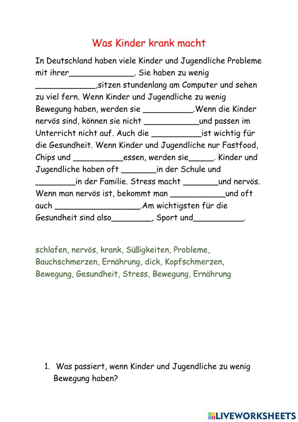 Was macht Kinder krank? Wortschatzübung