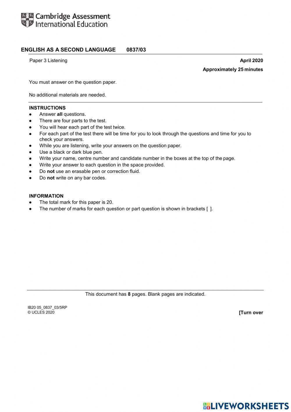 Diagnostic test-trim 1- listening 3rd grade