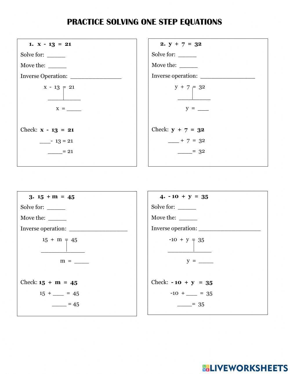 Solving one-step equations (+--)