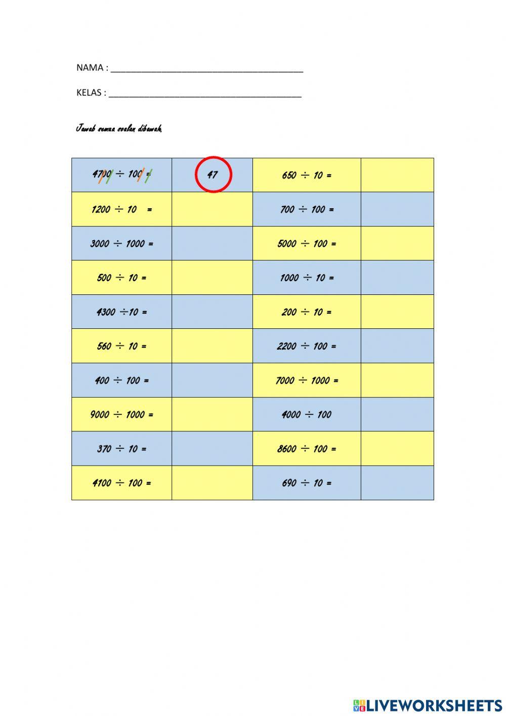 Tahun 3 bahagi 10, 100, 1000 Tahun 3 bahagi 10, 100, 1000