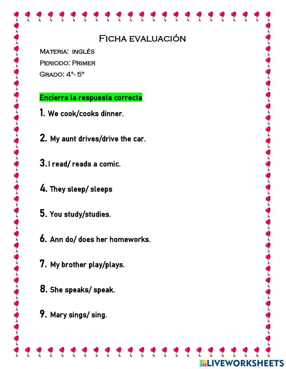 Ficha evaluativa- inglés