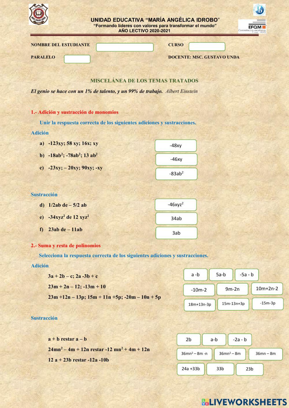 Miscelanea suma - resta -producto de polinomios