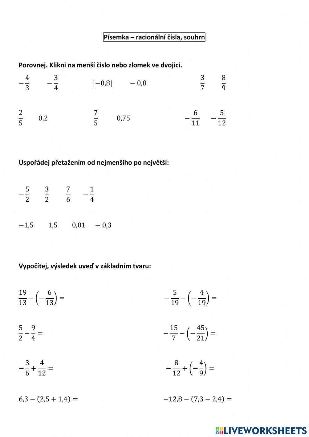 Racionální čísla, písemka - souhrn